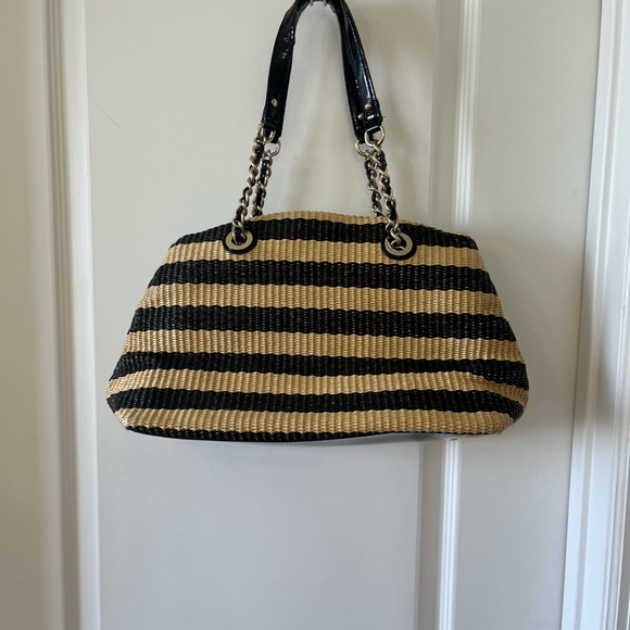 Kate Spade Black and Tan Wicker Straw Rattan Striped Tote - Picture 2 of 9